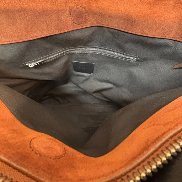 AllSaints Mori Suede Leather Tote Bag Brown Braided Handle Whipstitch - Picture 11 of 14